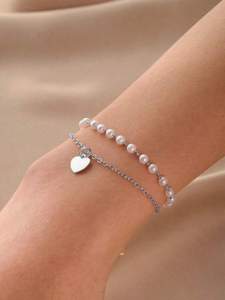 Faux Pearl Decor Heart Charm Bracelet – Elegant Jewelry For Women, Perfect Gift For Mom Or Valentine’s Day