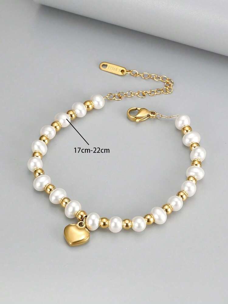 18K Gold-Plated Stainless Steel Bracelet – Faux Pearl & Heart Pendant Chain for Women’s Gifting