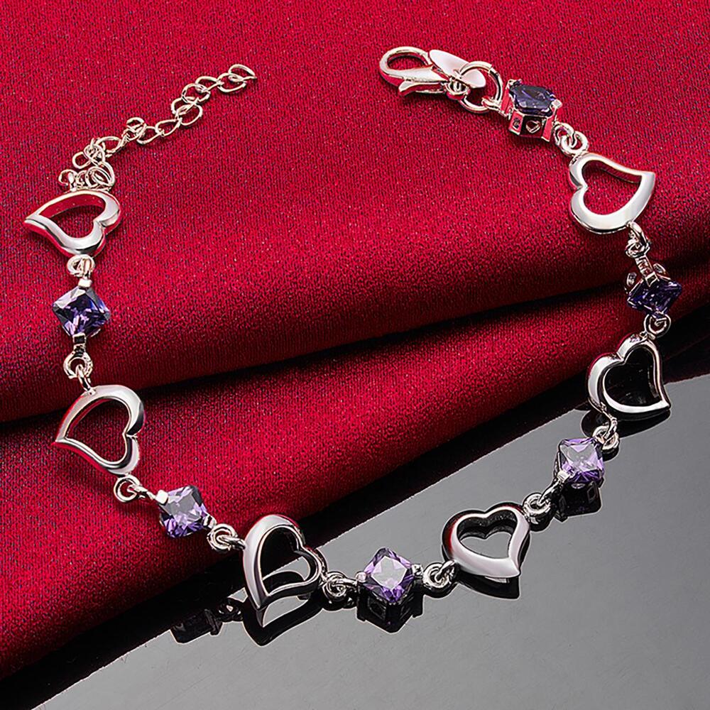 Silver Plated Heart Bracelet – Purple AAA Cubic Zirconia Jewelry for Women’s Fashion & Gifting