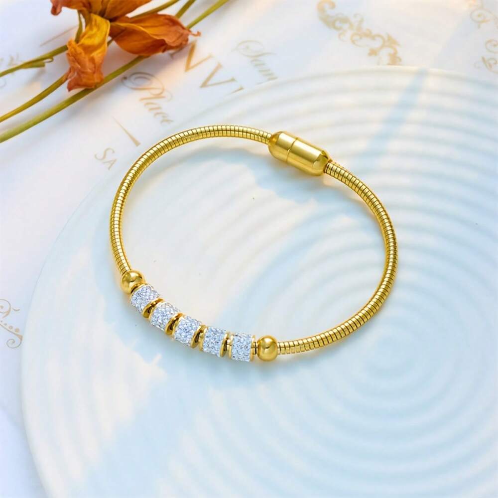 Golden Stainless Steel Cylinder Bracelet – Unisex Elegant Jewelry for Daily Wear & Special Occasions