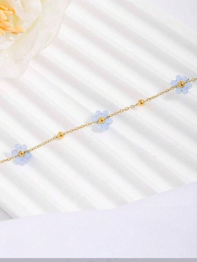 Fashionable Stainless Steel Bracelet With Blue Floral Design, Elegant Jewelry For Women, Perfect For Dates And Parties