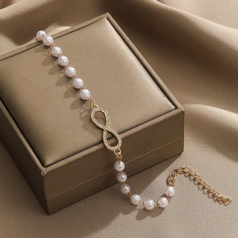 Fashion Rhinestone Infinity Symbol Faux Pearl Beaded Bracelet – Elegant Women’s Jewelry For Daily Wear