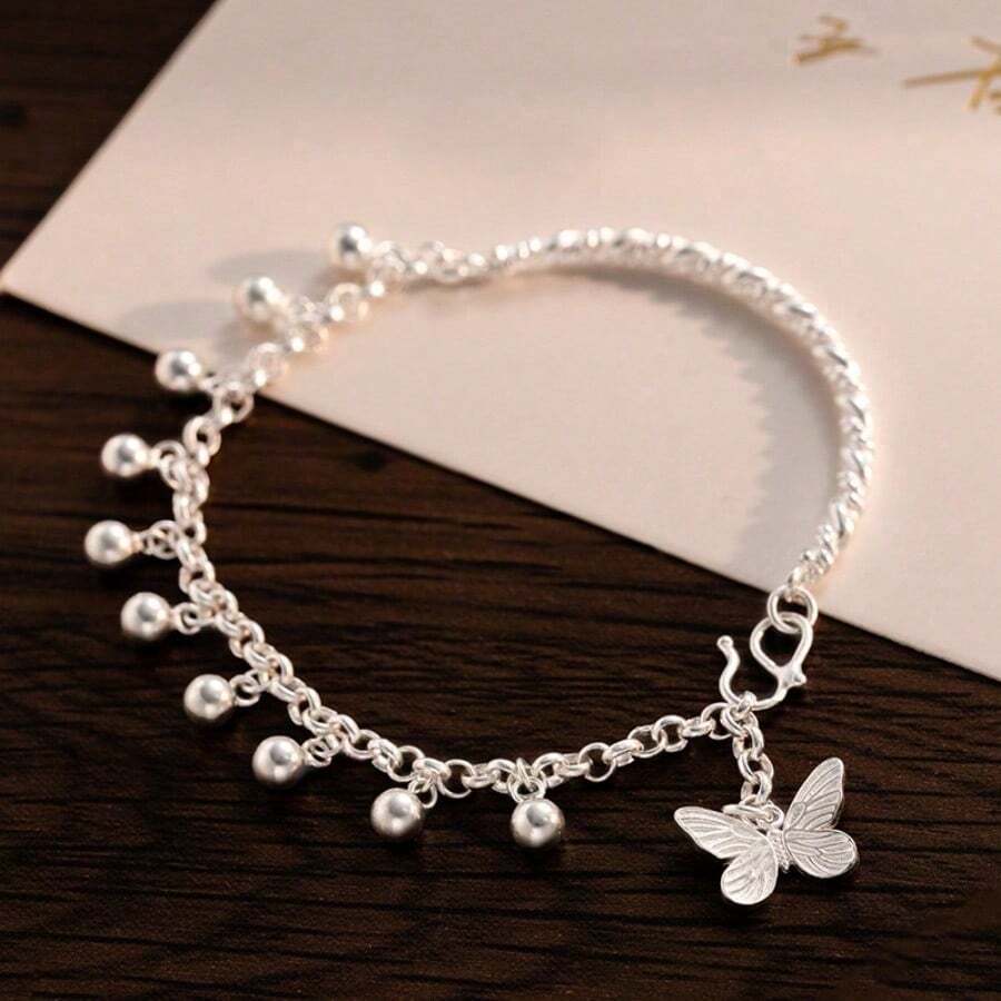 925 Silver Plated Butterfly Bell Bracelet – Cute Dainty Jewelry for Daily Wear, Vacation & Parties