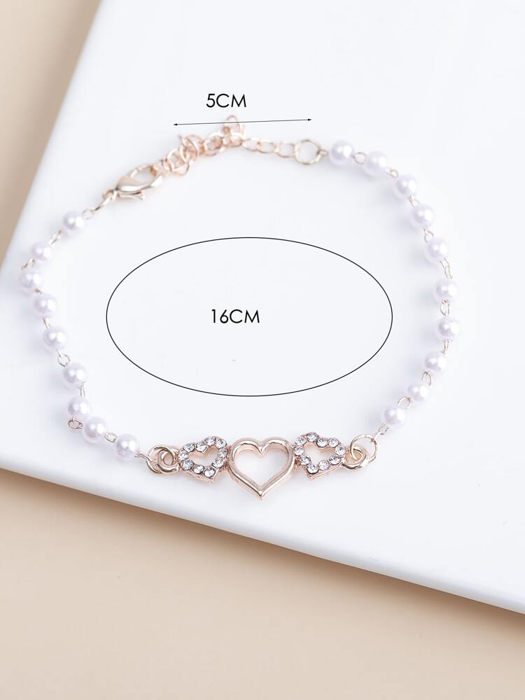 Elegant Heart-Shaped Rhinestone & Faux Pearl Chain Bracelet – Minimalist Versatile Jewelry For Women’s Daily Wear Or Gift