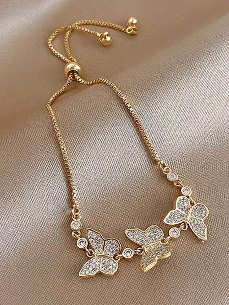 14K Gold-Plated Butterfly Bracelet – Adjustable Rhinestone Luxury Jewelry for Women’s Fashion