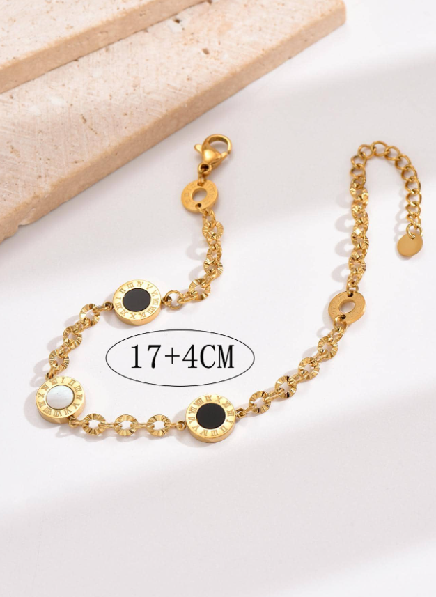 Stainless Steel Black and White Shell Roman Numerals Bracelet Women’s Daily Fashion Accessory
