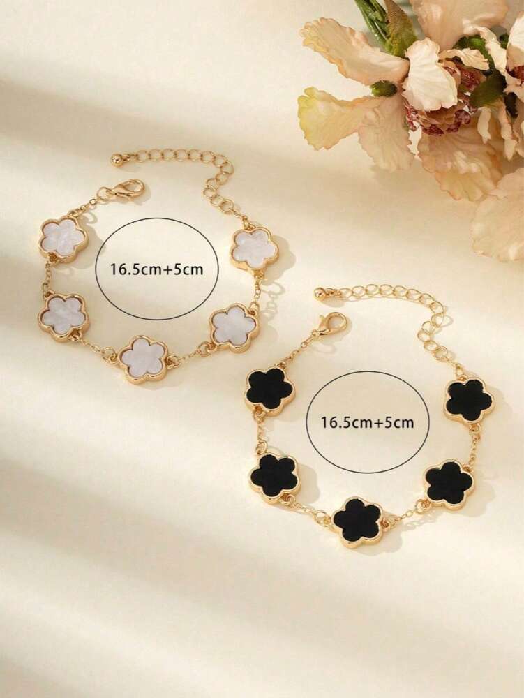 2pcs Black & White Clover Bracelet Set – Classic Fashion Jewelry for Women & Girls