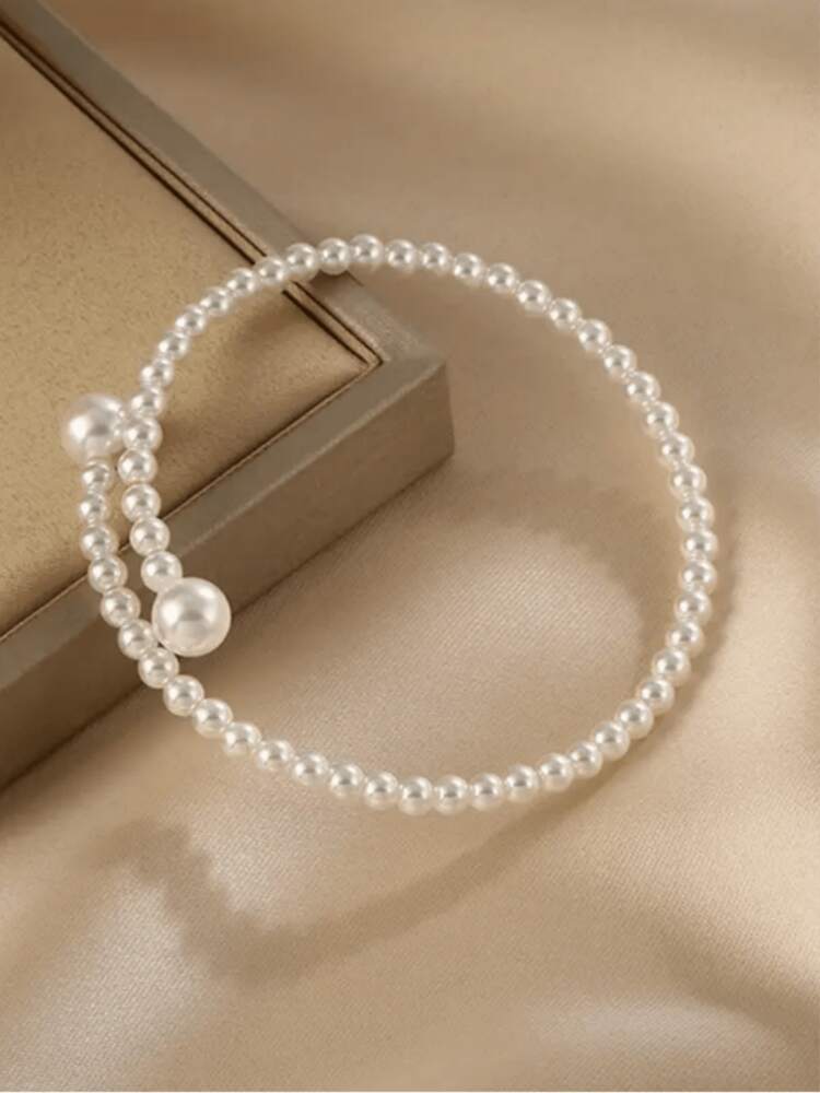 Elegant Adjustable Imitation Pearl Beaded Bracelet With Geometric Design, Vintage-Style Open Bangle For Daily Wear, Parties, And Travel