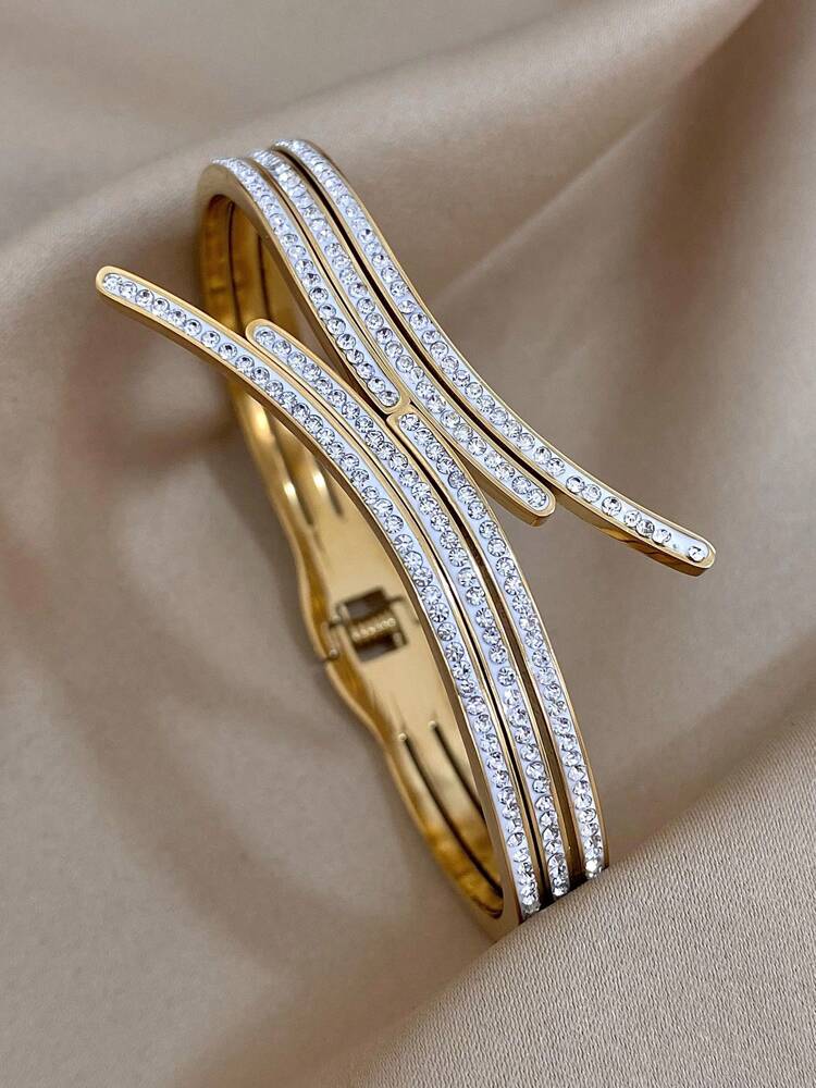 Gold Stainless Steel Bangle – Stackable CZ Rhinestone Cuff Bracelet for Women’s Daily & Party Wear