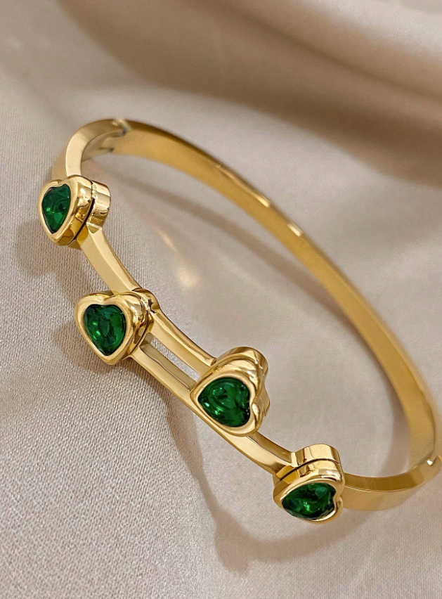 1pc Green Cubic Zirconia Heart Stainless Steel Cuff Bracelet Women’s Jewelry Christmas Party Gift