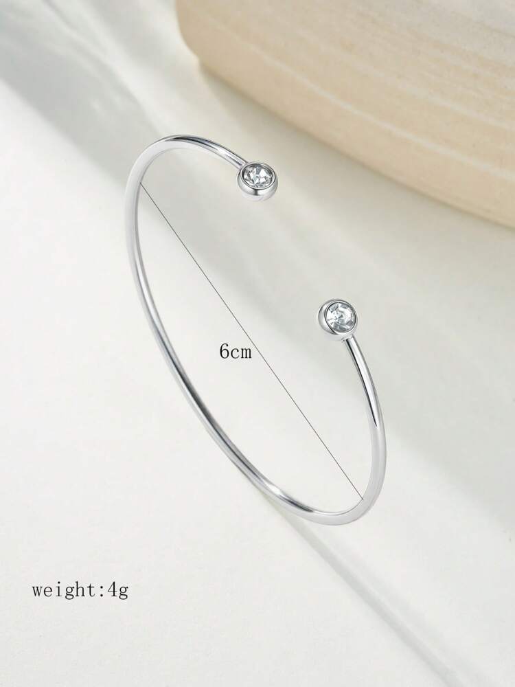 Japanese Korean Style Open Stainless Steel Bracelet With Two Diamond Accents, Simple Light Luxury Jewelry For Women, Perfect For Daily Wear