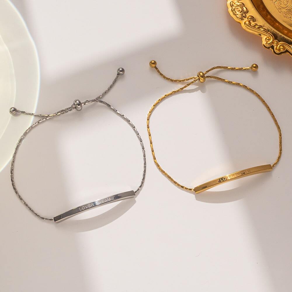 Gold Plated Stainless Steel Curved Tube Charm Bracelet – Adjustable Pull Cord Design for Daily Wear