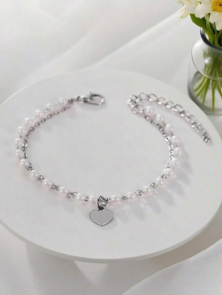 Faux Pearl Decor Heart Charm Bracelet – Elegant Jewelry For Women, Perfect Gift For Mom Or Valentine’s Day