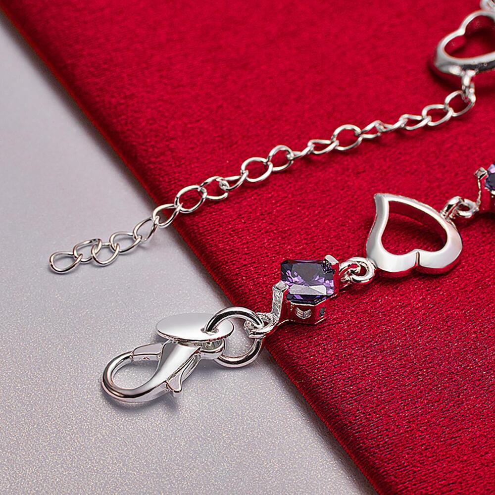 Silver Plated Heart Bracelet – Purple AAA Cubic Zirconia Jewelry for Women’s Fashion & Gifting