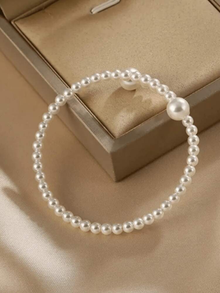 Elegant Adjustable Imitation Pearl Beaded Bracelet With Geometric Design, Vintage-Style Open Bangle For Daily Wear, Parties, And Travel