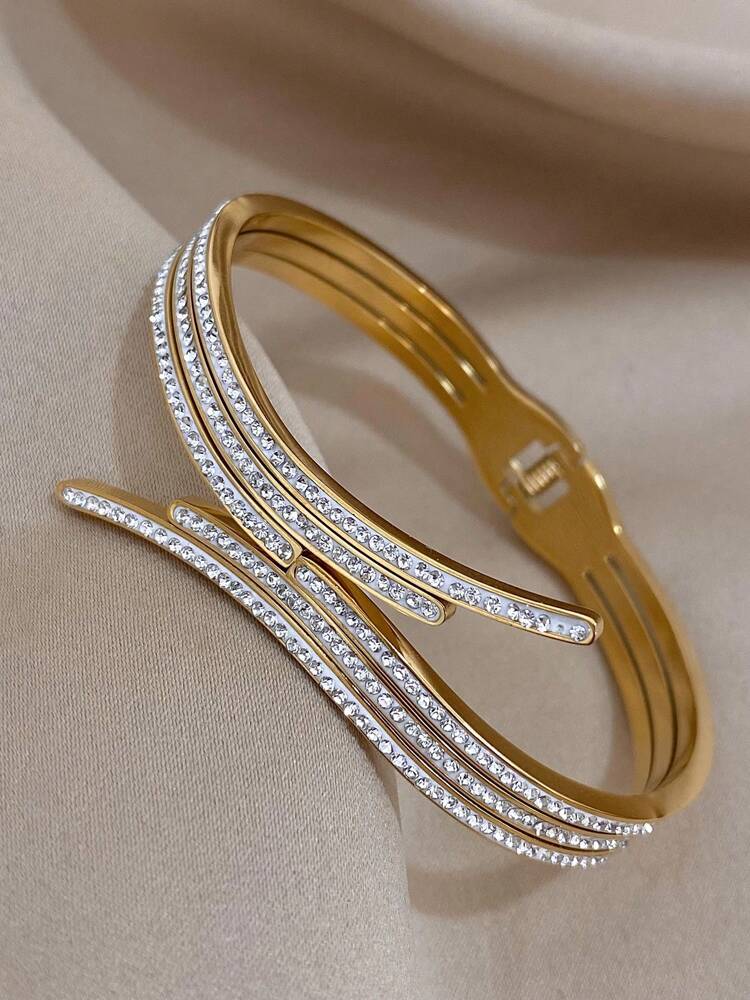 Gold Stainless Steel Bangle – Stackable CZ Rhinestone Cuff Bracelet for Women’s Daily & Party Wear