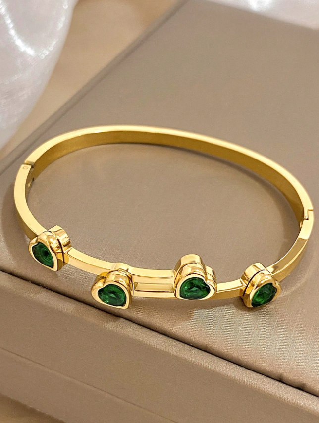 1pc Green Cubic Zirconia Heart Stainless Steel Cuff Bracelet Women’s Jewelry Christmas Party Gift