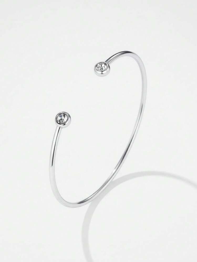 Japanese Korean Style Open Stainless Steel Bracelet With Two Diamond Accents, Simple Light Luxury Jewelry For Women, Perfect For Daily Wear