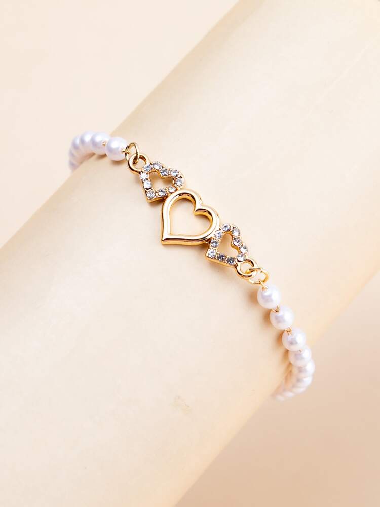 Elegant Heart-Shaped Rhinestone & Faux Pearl Chain Bracelet – Minimalist Versatile Jewelry For Women’s Daily Wear Or Gift