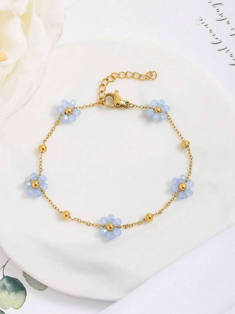 Fashionable Stainless Steel Bracelet With Blue Floral Design, Elegant Jewelry For Women, Perfect For Dates And Parties