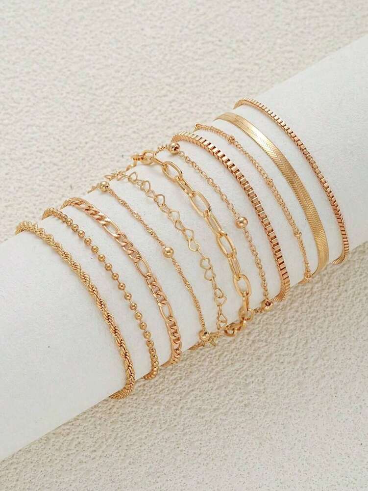 11-Piece Heart Bead & Snake Chain Bracelet Set – Fashion Jewelry for Daily Wear, Parties & Gifting