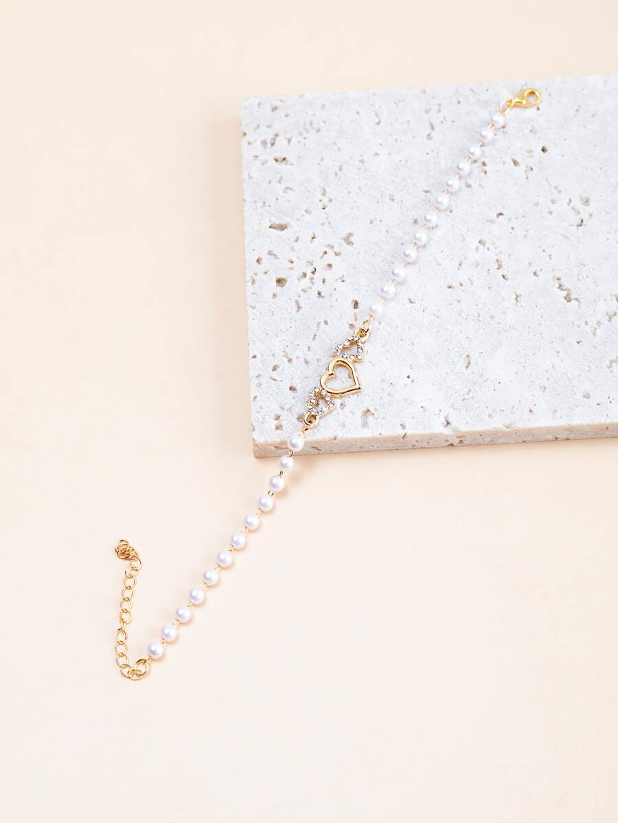 Elegant Heart-Shaped Rhinestone & Faux Pearl Chain Bracelet – Minimalist Versatile Jewelry For Women’s Daily Wear Or Gift