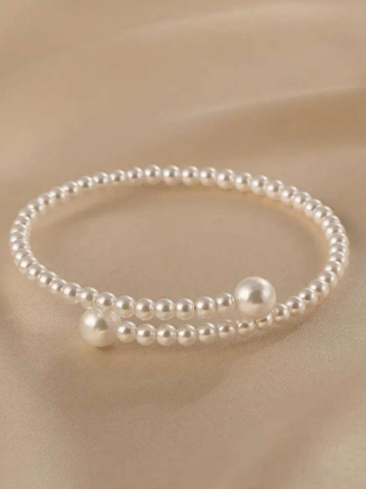 Elegant Adjustable Imitation Pearl Beaded Bracelet With Geometric Design, Vintage-Style Open Bangle For Daily Wear, Parties, And Travel