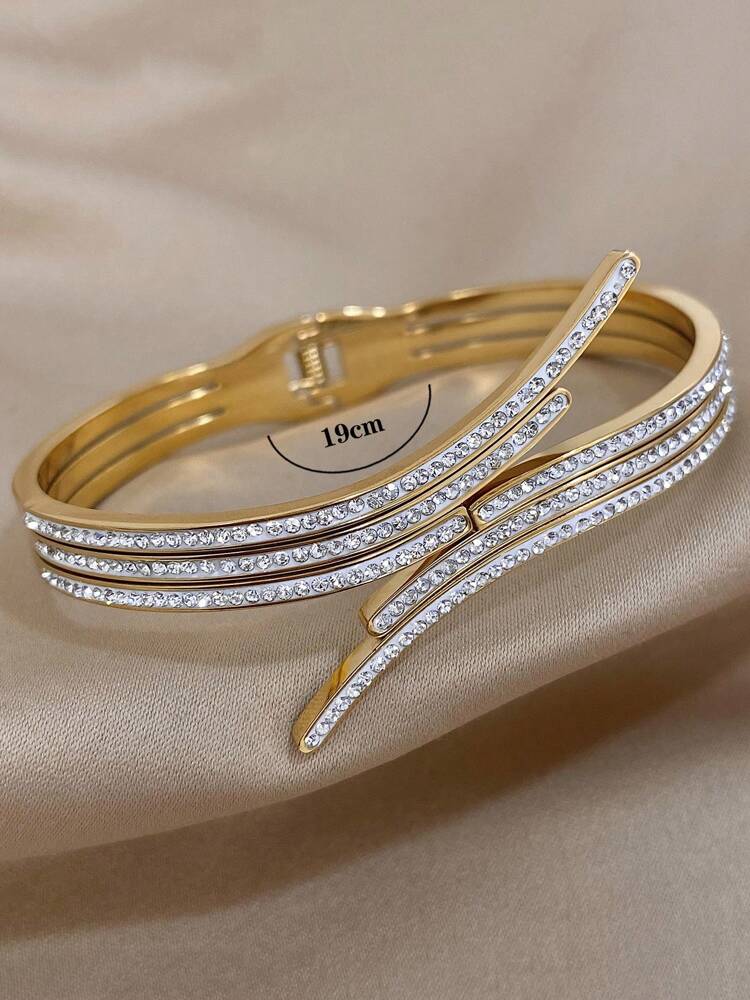 Gold Stainless Steel Bangle – Stackable CZ Rhinestone Cuff Bracelet for Women’s Daily & Party Wear