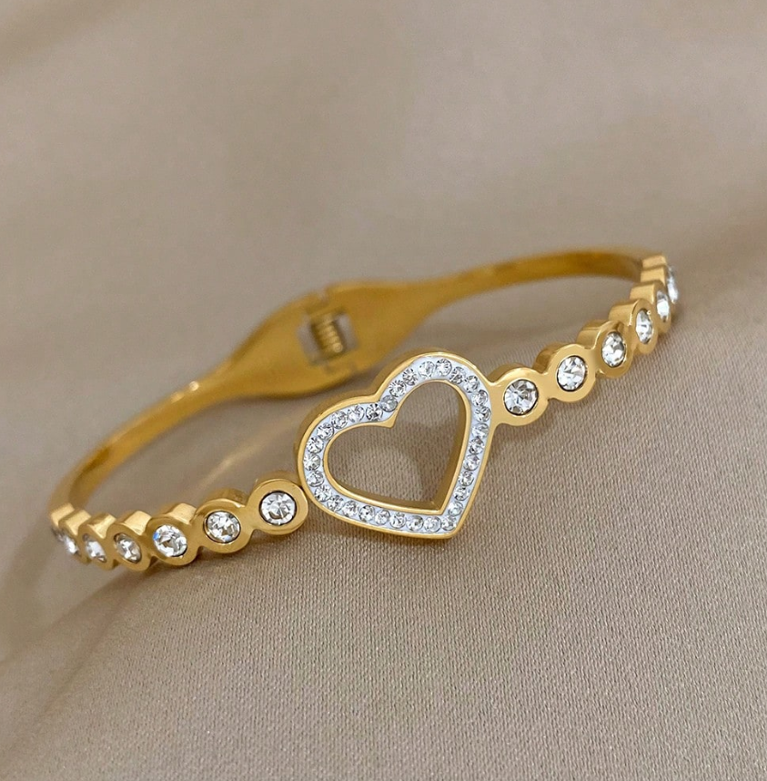 1pc Heart Rhinestone Gold Hollow Stainless Steel Bracelet Elegant Shiny Jewelry for Women Party Wedding Gift
