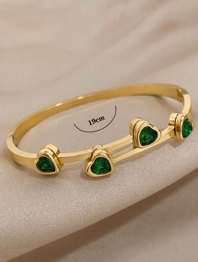 1pc Green Cubic Zirconia Heart Stainless Steel Cuff Bracelet Women’s Jewelry Christmas Party Gift