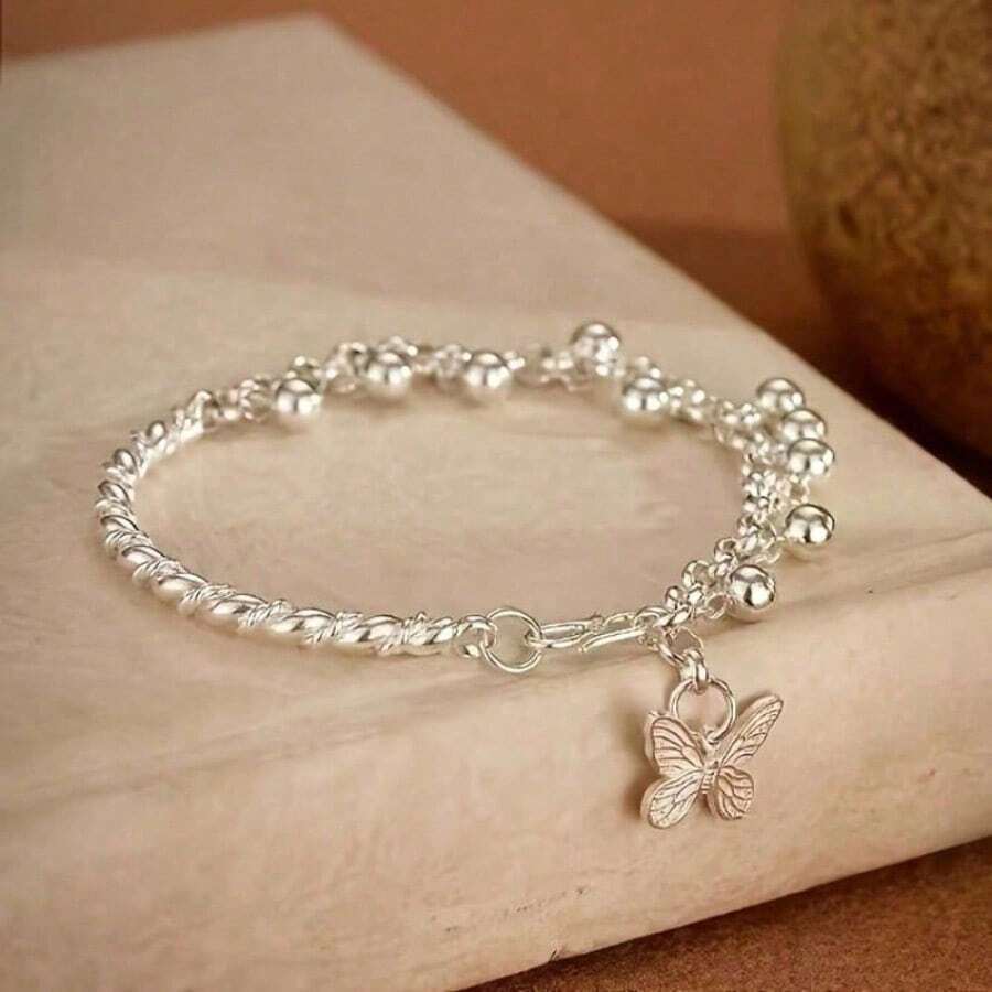 925 Silver Plated Butterfly Bell Bracelet – Cute Dainty Jewelry for Daily Wear, Vacation & Parties