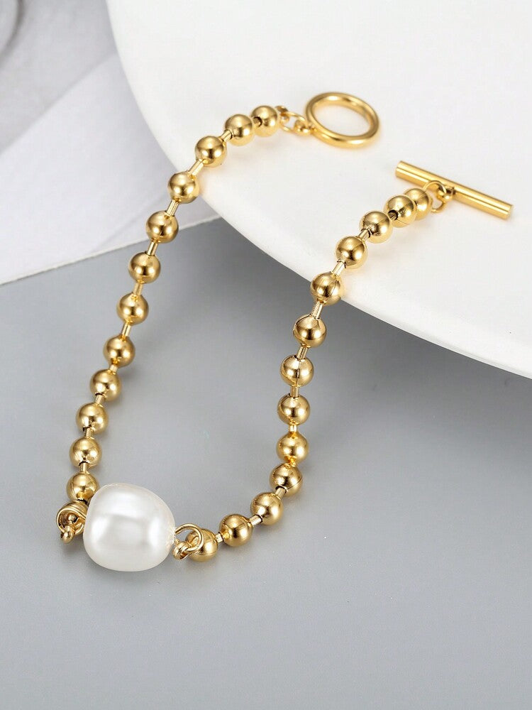 18K Gold-Plated Stainless Steel Bracelet – Faux Pearl & Heart Pendant Chain for Women’s Gifting