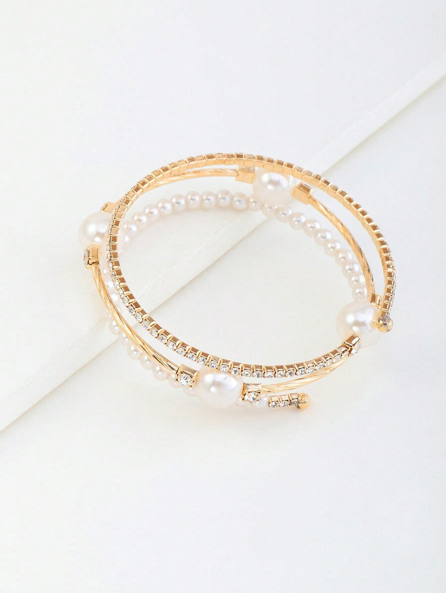 Girls' Elegant Rhinestone Pearl Bangle – Faux Pearl Luxury Bracelet for Kids
