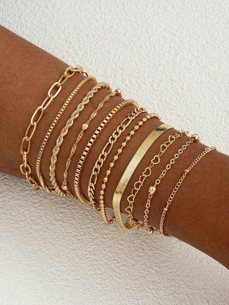 11-Piece Heart Bead & Snake Chain Bracelet Set – Fashion Jewelry for Daily Wear, Parties & Gifting
