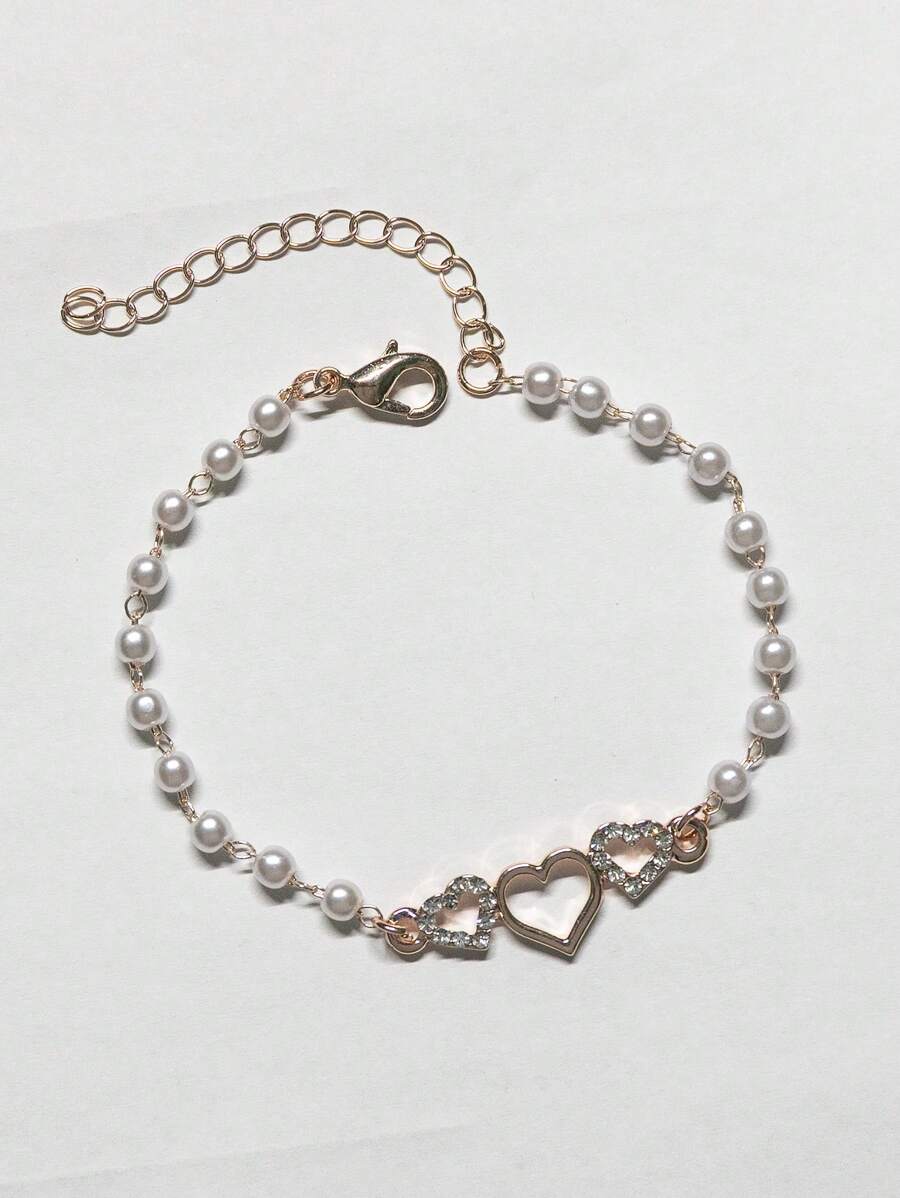 Elegant Heart-Shaped Rhinestone & Faux Pearl Chain Bracelet – Minimalist Versatile Jewelry For Women’s Daily Wear Or Gift