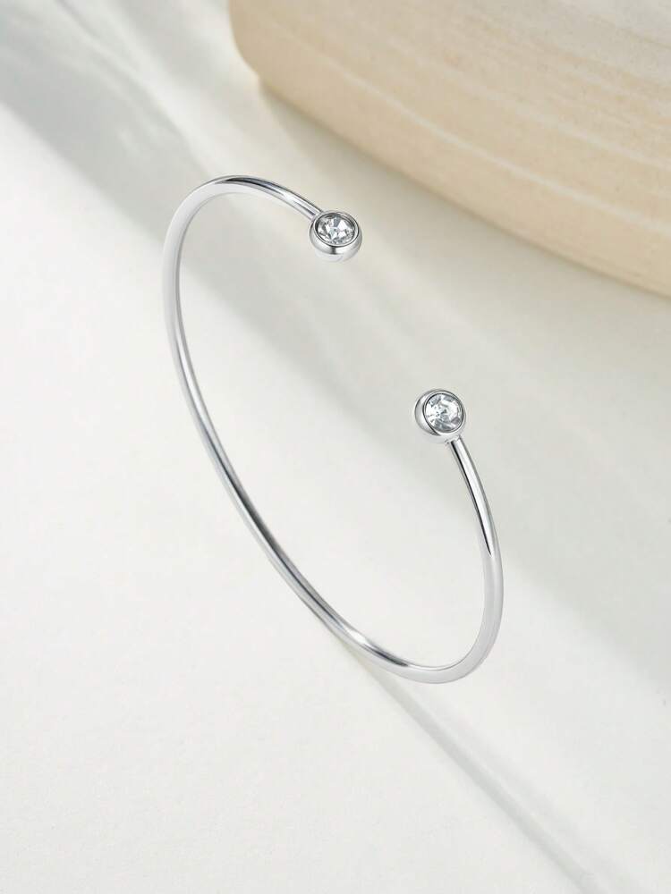 Japanese Korean Style Open Stainless Steel Bracelet With Two Diamond Accents, Simple Light Luxury Jewelry For Women, Perfect For Daily Wear