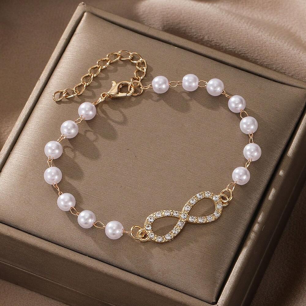 Fashion Rhinestone Infinity Symbol Faux Pearl Beaded Bracelet – Elegant Women’s Jewelry For Daily Wear