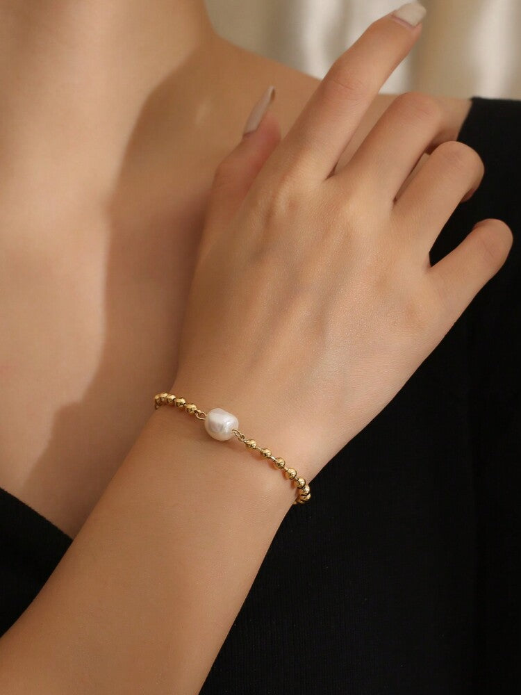 18K Gold-Plated Stainless Steel Bracelet – Faux Pearl & Heart Pendant Chain for Women’s Gifting