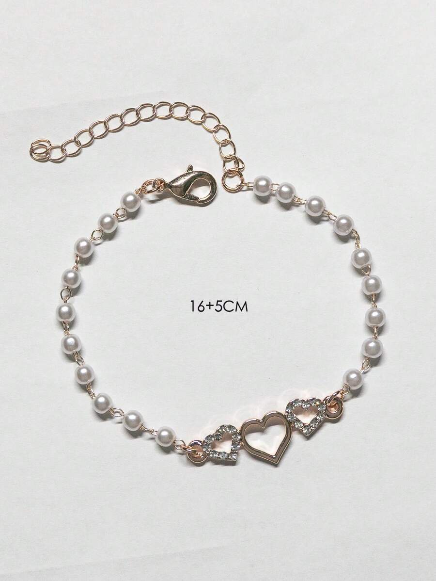 Elegant Heart-Shaped Rhinestone & Faux Pearl Chain Bracelet – Minimalist Versatile Jewelry For Women’s Daily Wear Or Gift