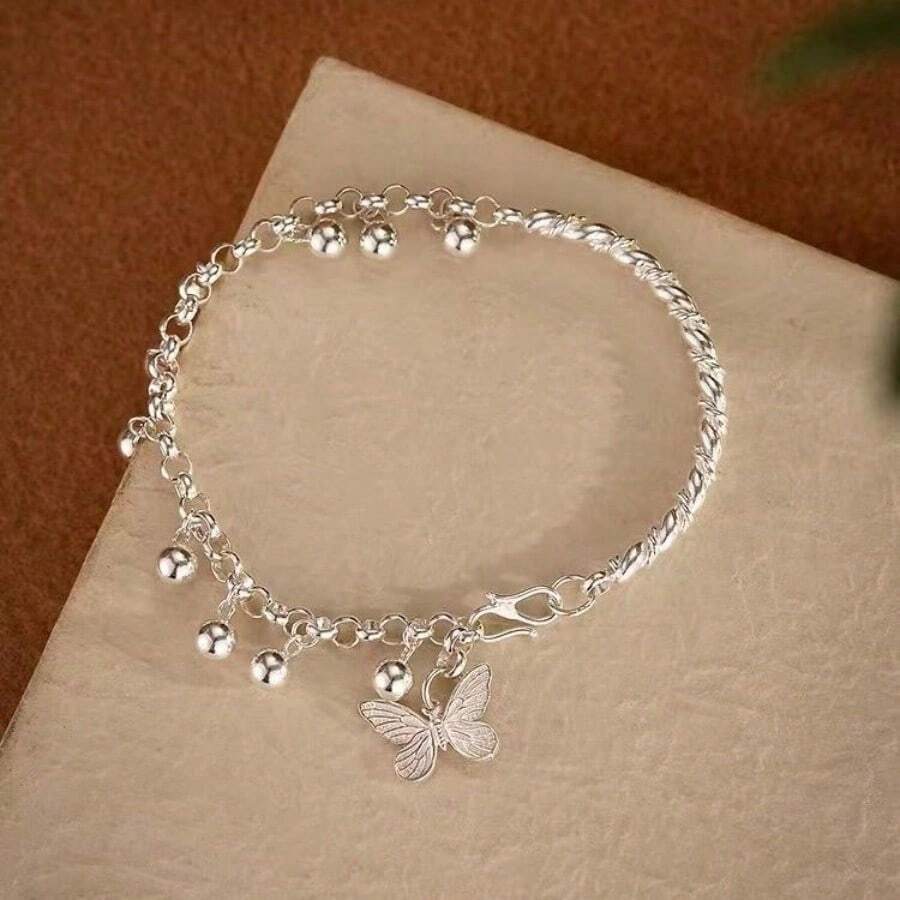 925 Silver Plated Butterfly Bell Bracelet – Cute Dainty Jewelry for Daily Wear, Vacation & Parties