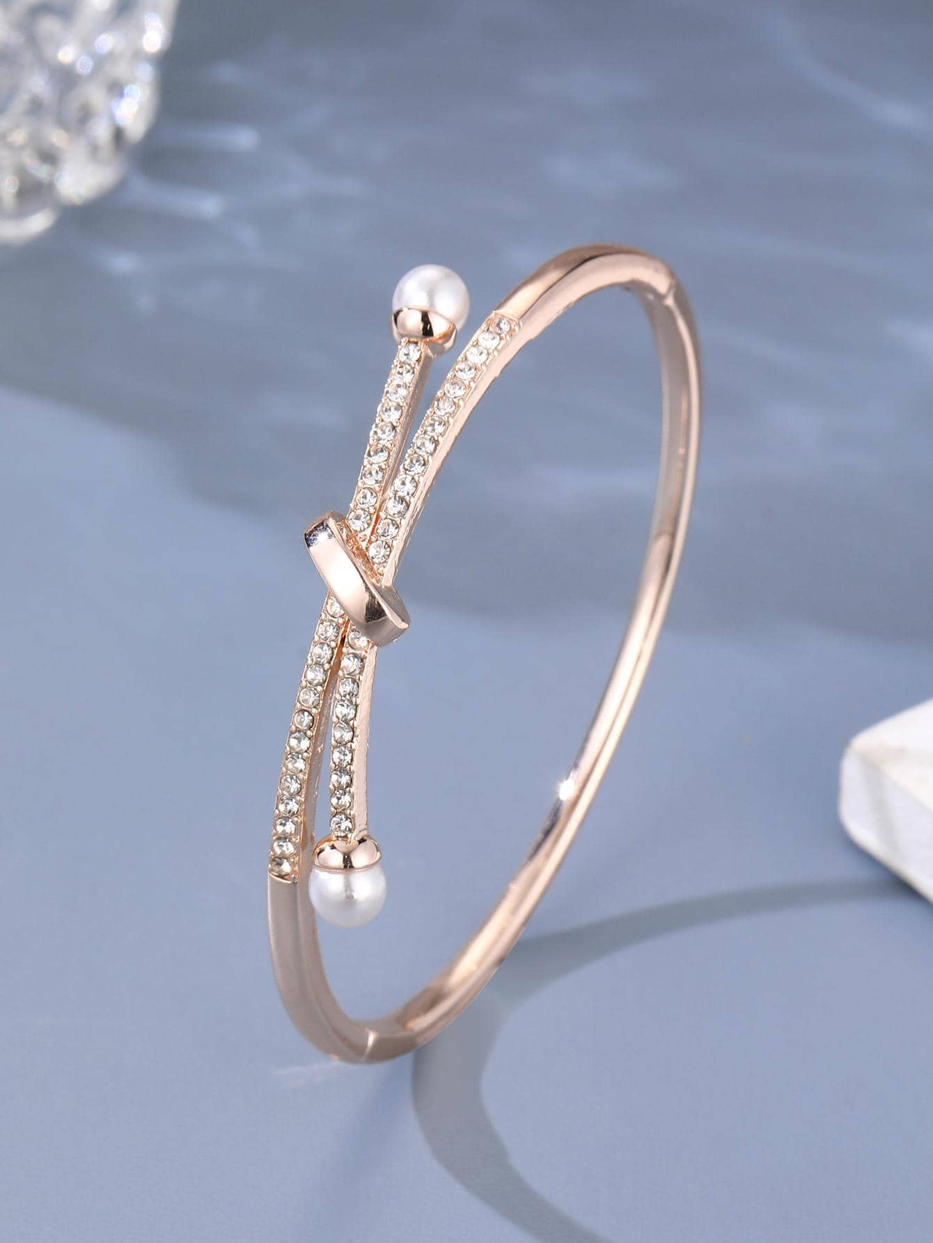 Elegant Women's Bangle With Sparkling Rhinestones And Faux Pearl Accents, Perfect Fashion Jewelry Gift
