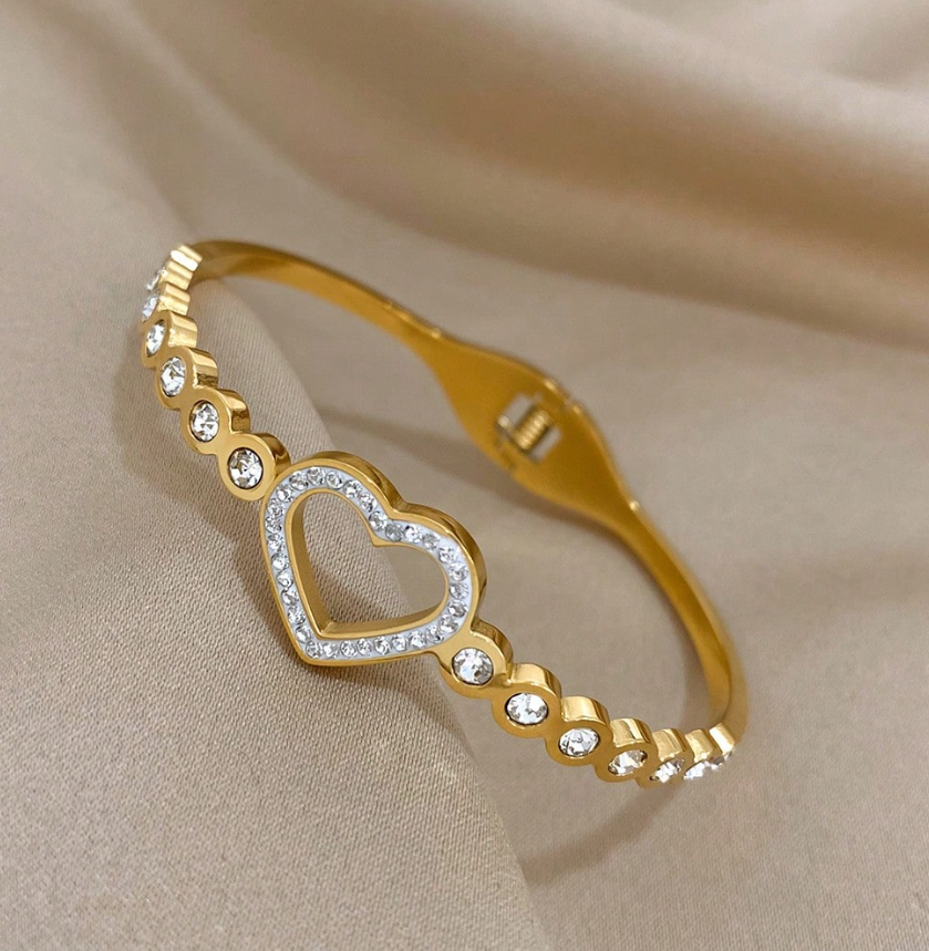 1pc Heart Rhinestone Gold Hollow Stainless Steel Bracelet Elegant Shiny Jewelry for Women Party Wedding Gift