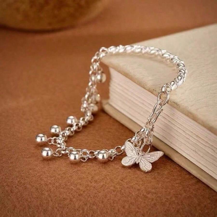 925 Silver Plated Butterfly Bell Bracelet – Cute Dainty Jewelry for Daily Wear, Vacation & Parties