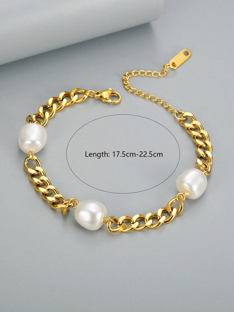 18K Gold-Plated Stainless Steel Bracelet – Faux Pearl & Heart Pendant Chain for Women’s Gifting