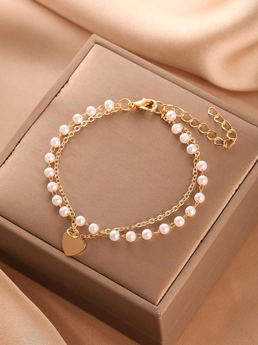 Faux Pearl Decor Heart Charm Bracelet – Elegant Jewelry For Women, Perfect Gift For Mom Or Valentine’s Day