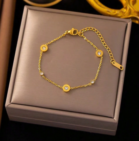 1pc Gold-Tone Stainless Steel Cubic Zirconia Roman Numeral Beaded Bracelet for Women & Couples Daily Party