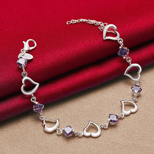 Silver Plated Heart Bracelet – Purple AAA Cubic Zirconia Jewelry for Women’s Fashion & Gifting