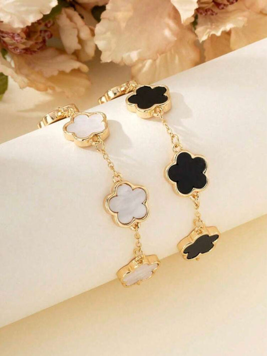 2pcs Black & White Clover Bracelet Set – Classic Fashion Jewelry for Women & Girls