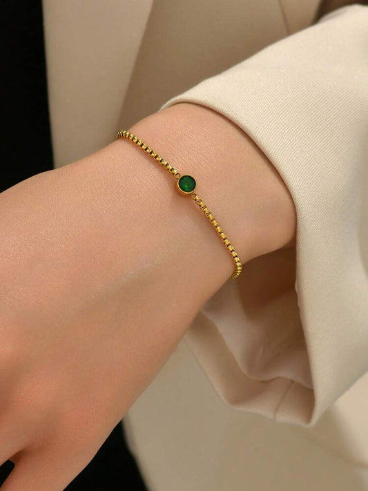 18K Gold Plated Stainless Steel Bracelet With Green Stone, Minimalist Lucky Charm Jewelry For Women, Perfect For Daily Wear, Gifts For Mom, Sister, Or Valentine’s Day