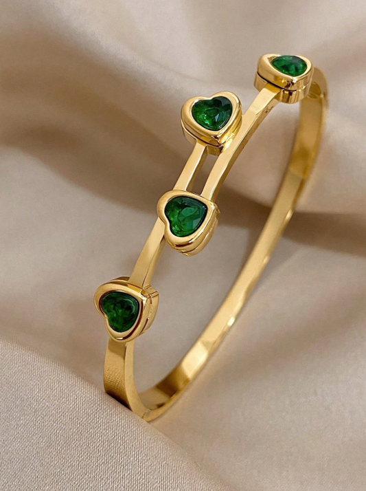 1pc Green Cubic Zirconia Heart Stainless Steel Cuff Bracelet Women’s Jewelry Christmas Party Gift